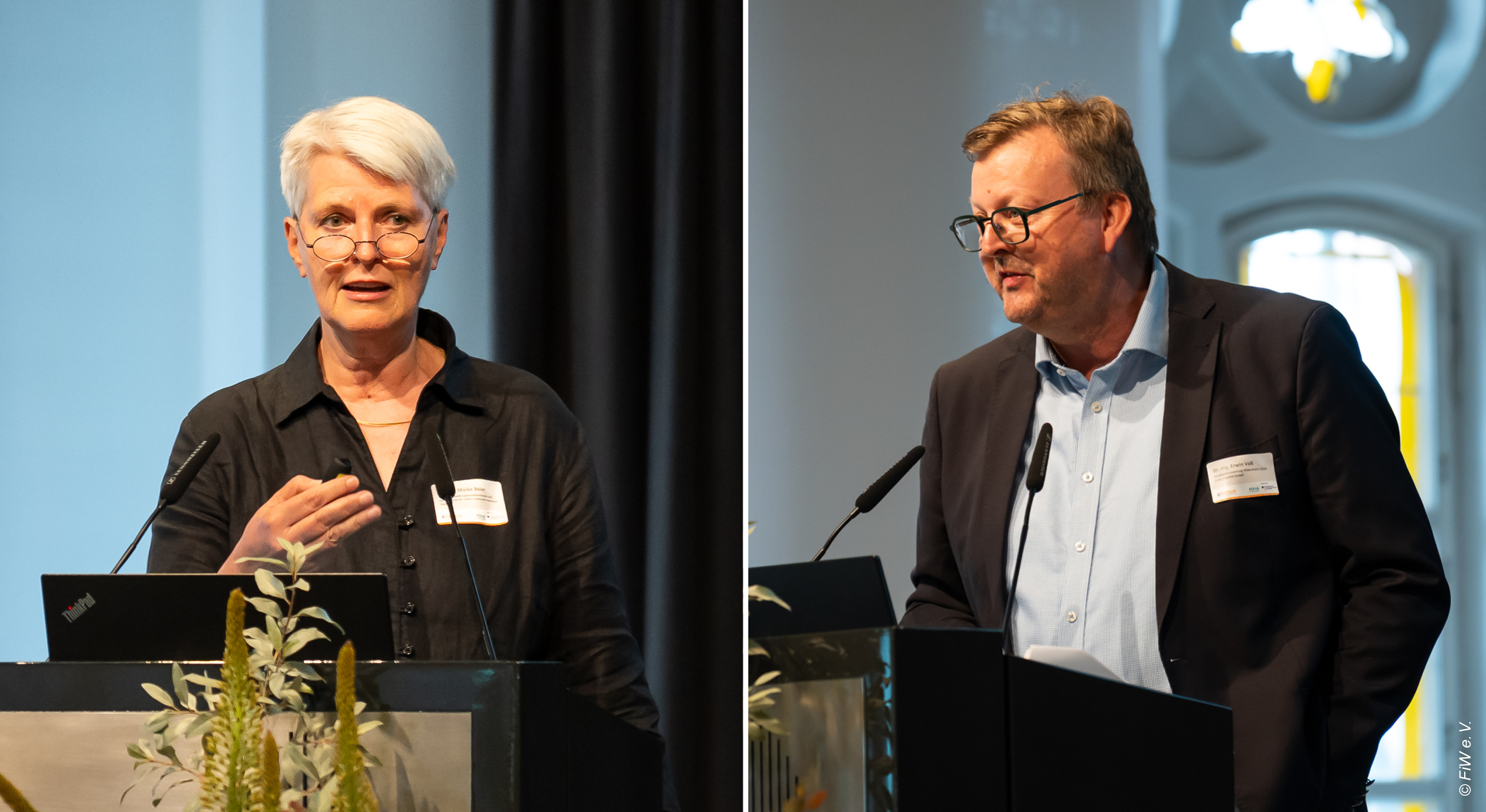 Dr.-Ing. Maike Beier (ISAH der Leibniz Universität Hannover) und Dr.-Ing. Erwin Voß, (SEHi ÄöR / KNRN GmbH) stellten die Ergebnisse aus dem Projekt SATELLITE vor. © FiW e. V.