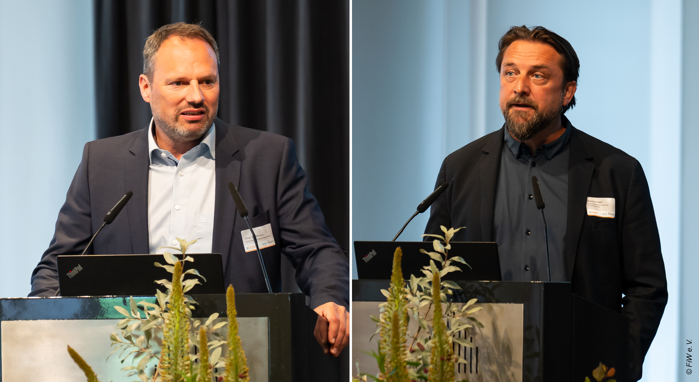 Peter Schöfmann (Carbotechnik Energiesysteme GmbH) und Matthias Hoger, (Veolia Klärschlammverwertung GmbH) stellten die Ergebnisse aus dem Projekt DreiSATS vor. © FiW e. V.